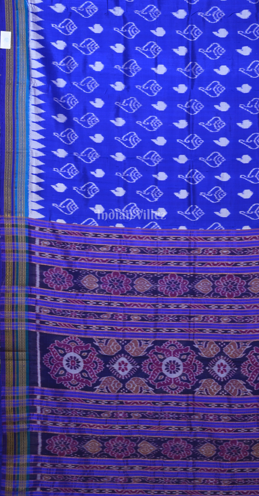 Royal Blue White Sankha Motif Odisha Ikat Khandua Silk Saree 