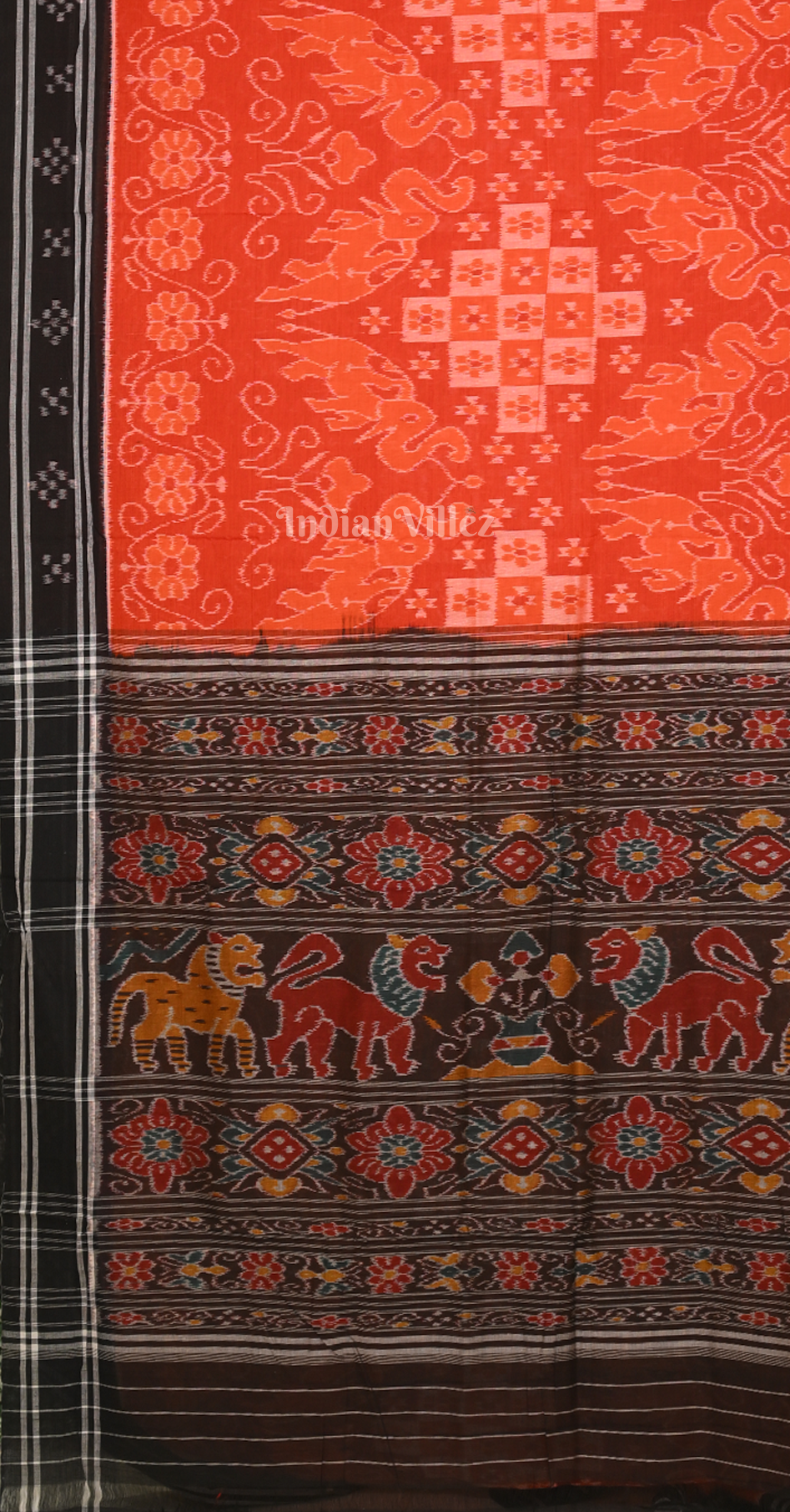 Orange Black  Pasapali Odisha Ikat Sambalpuri Pure Cotton Saree with Jungle Anchal