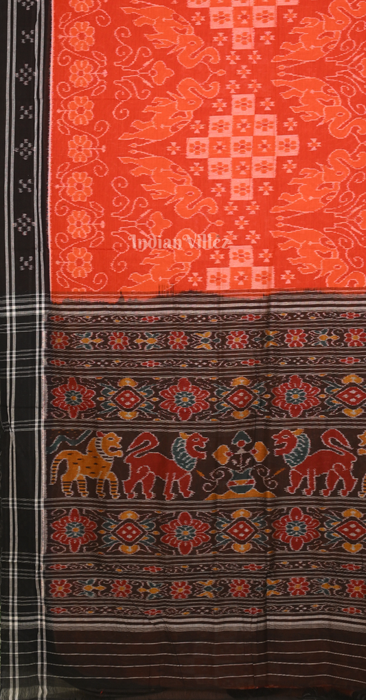 Orange Black  Pasapali Odisha Ikat Sambalpuri Pure Cotton Saree with Jungle Anchal