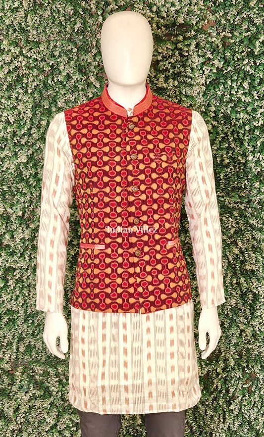 Maroon Geometric Pattern Odisha Ikat Half Bandi Jacket for Men