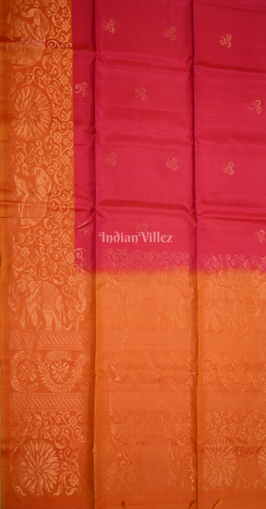 Rani Pink Orange Zari Pure Kanjivaram Soft Silk Saree 