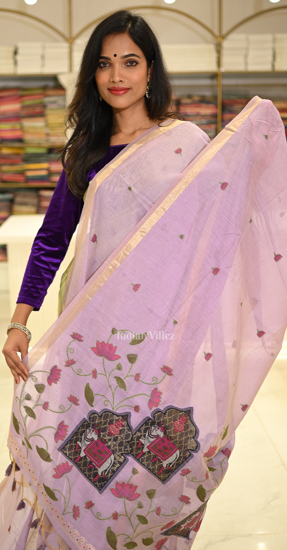 Lavendar Linen Cotton Pichwai Saree with Zari Border 