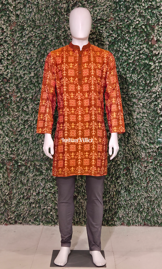 Rust Orange Tribal Theme Odisha Ikat Cotton Kurta for Men