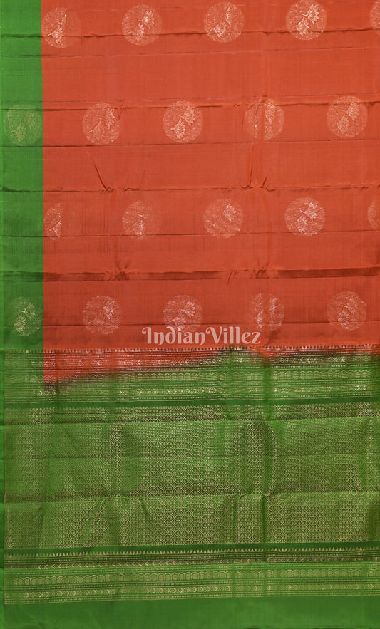 Rust Orange Green  Paisley Pure Kanjivaram Soft Silk Saree