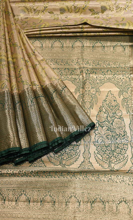 Cream Bottle Green Pure Kanjivaram Tissue Silk Saree