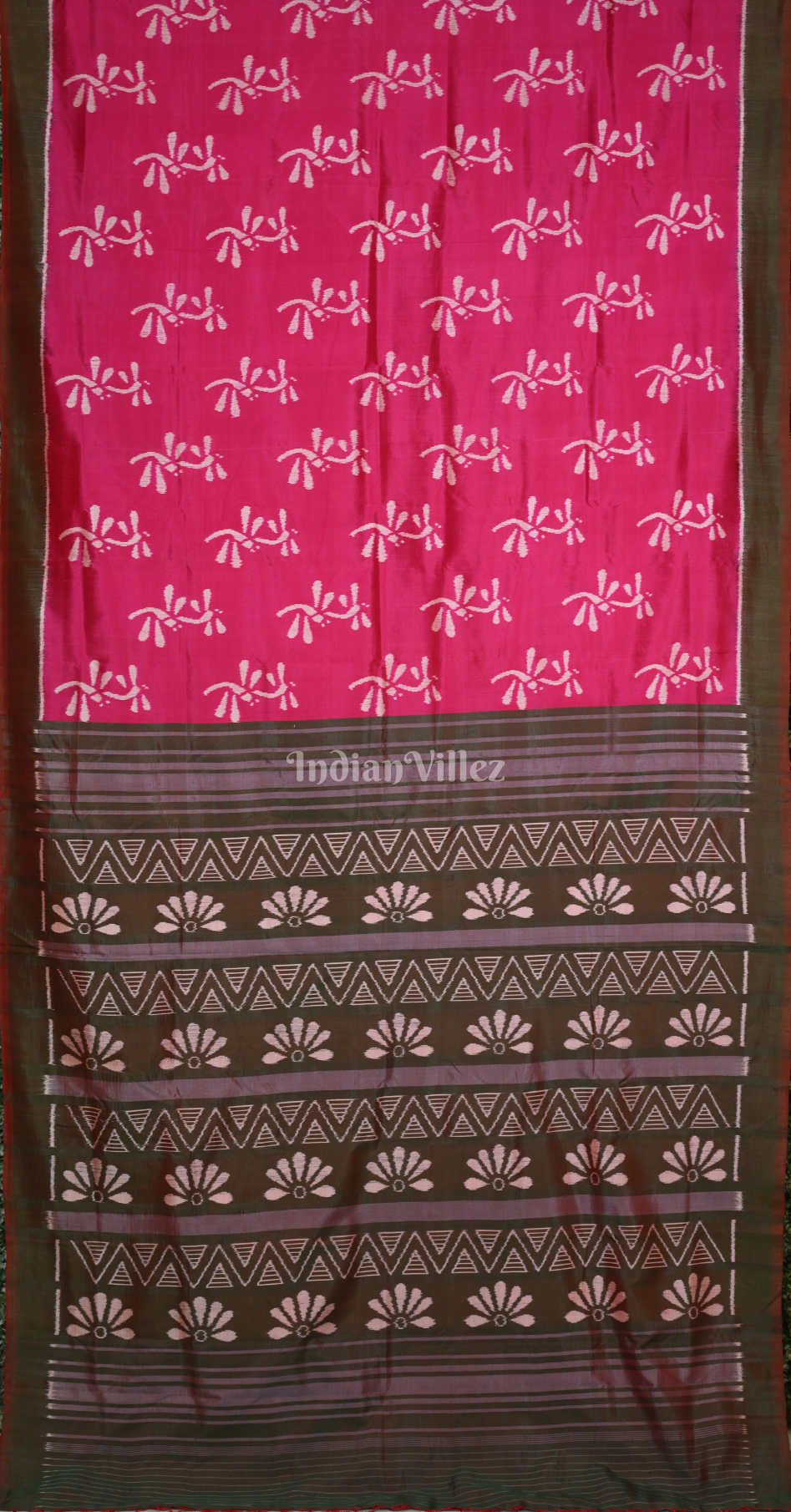 Rani Pink Moss Green Odisha Ikat Contemporary Designer Silk Saree 