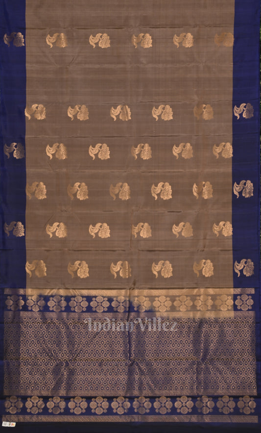 Beige Blue Pure Kanjivaram Soft Silk Saree