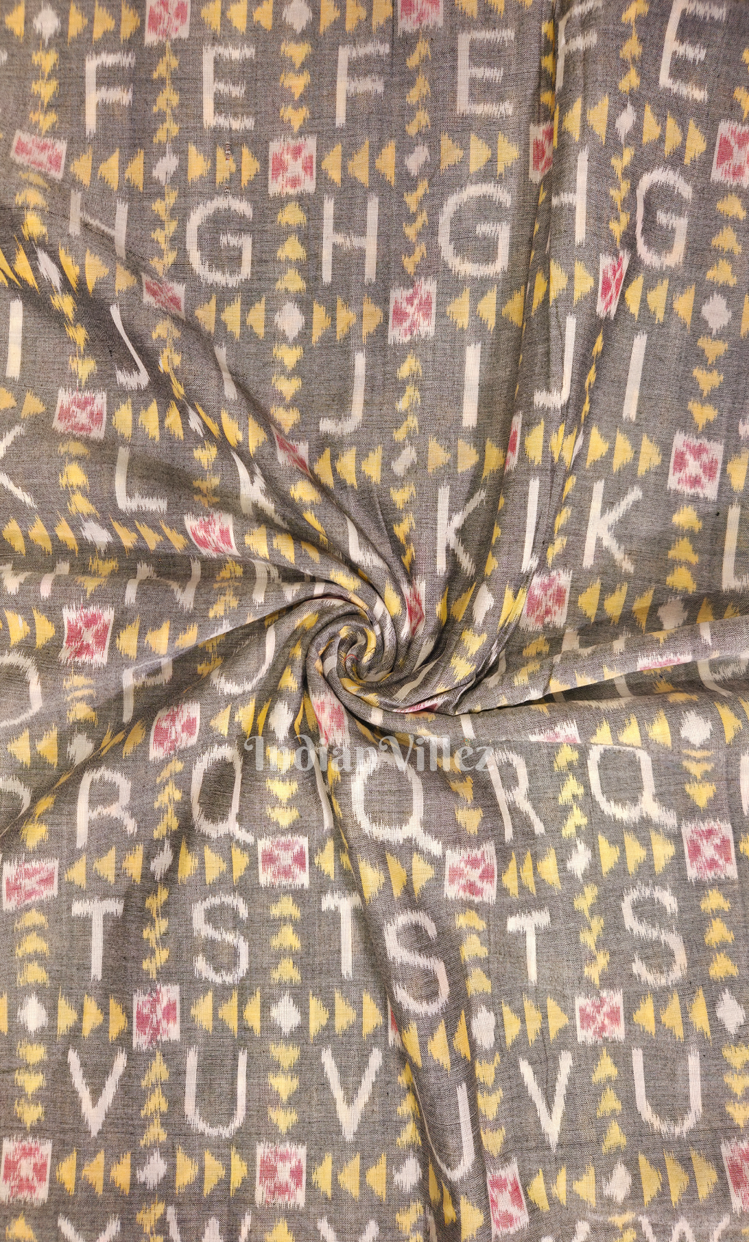 Grey Black Alphabet Theme Odisha Ikat Sambalpuri Cotton Fabric 