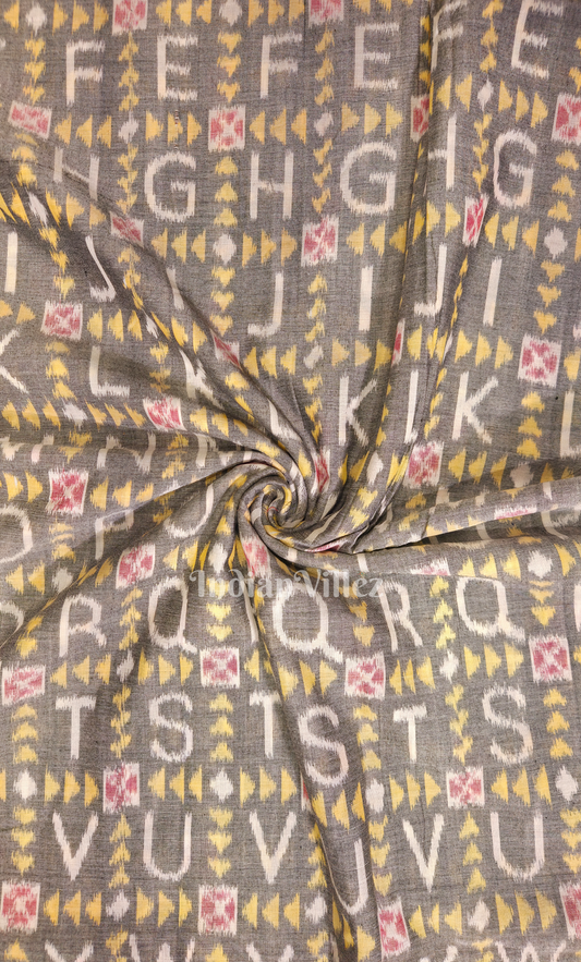 Grey Black Alphabet Theme Odisha Ikat Sambalpuri Cotton Fabric 