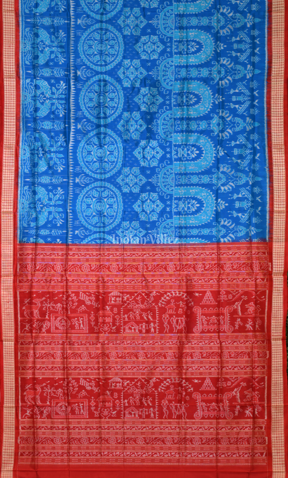 Exquiste Blue Red Tribal village life Design Odisha Ikat Sambalpuri Silk Saree