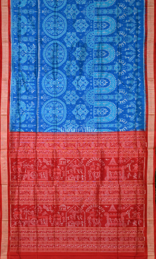 Exquiste Blue Red Tribal village life Design Odisha Ikat Sambalpuri Silk Saree