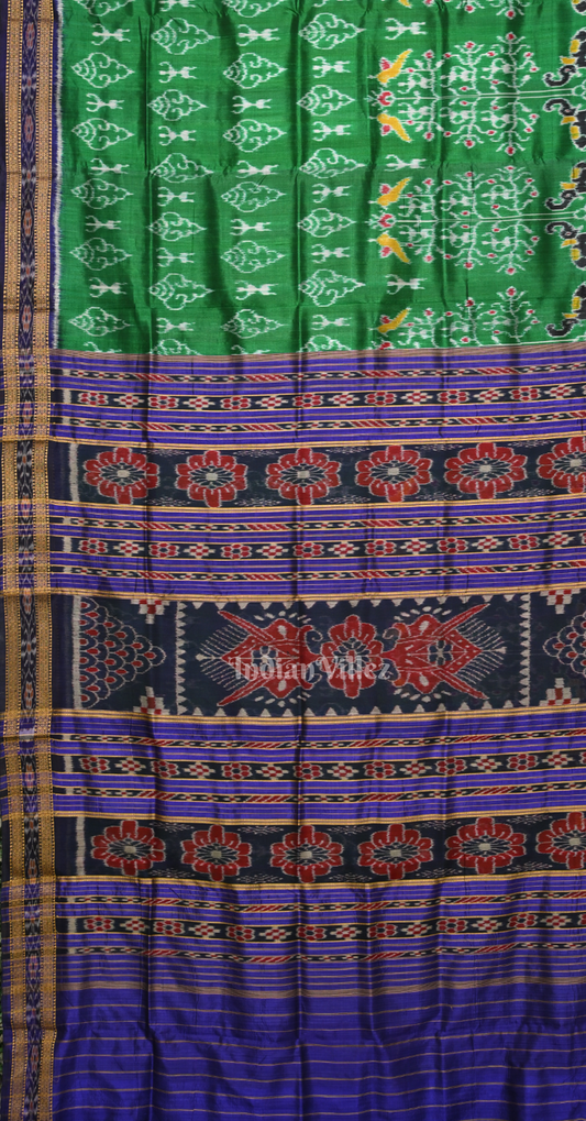 Green Blue Sanklha Tribal Motif Odisha Ikat Khandua Silk Saree 