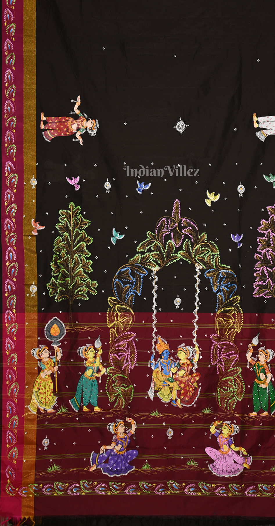 Black Maroon Krishna Radha Doli Theme Hand-Painted Pattachitra Saree 