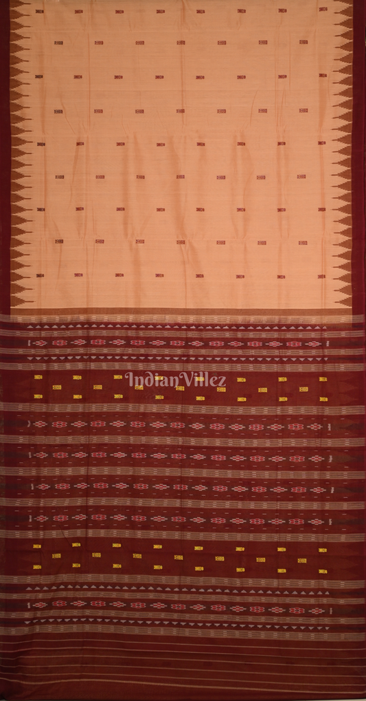 Beige Maroon Fish Motif Odisha Ikat Bomkai Cotton Saree
