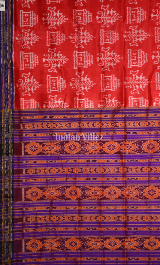 Red Blue Tribal Theme Odisha Ikat Khandua Silk Saree 