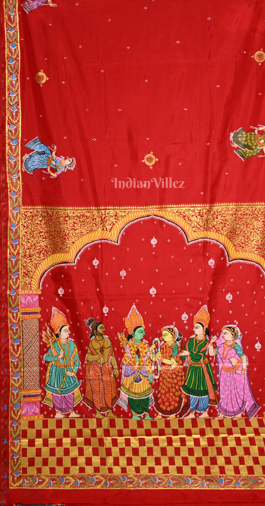 Red Ramayan Theme Hand-Painted Pattachitra Saree