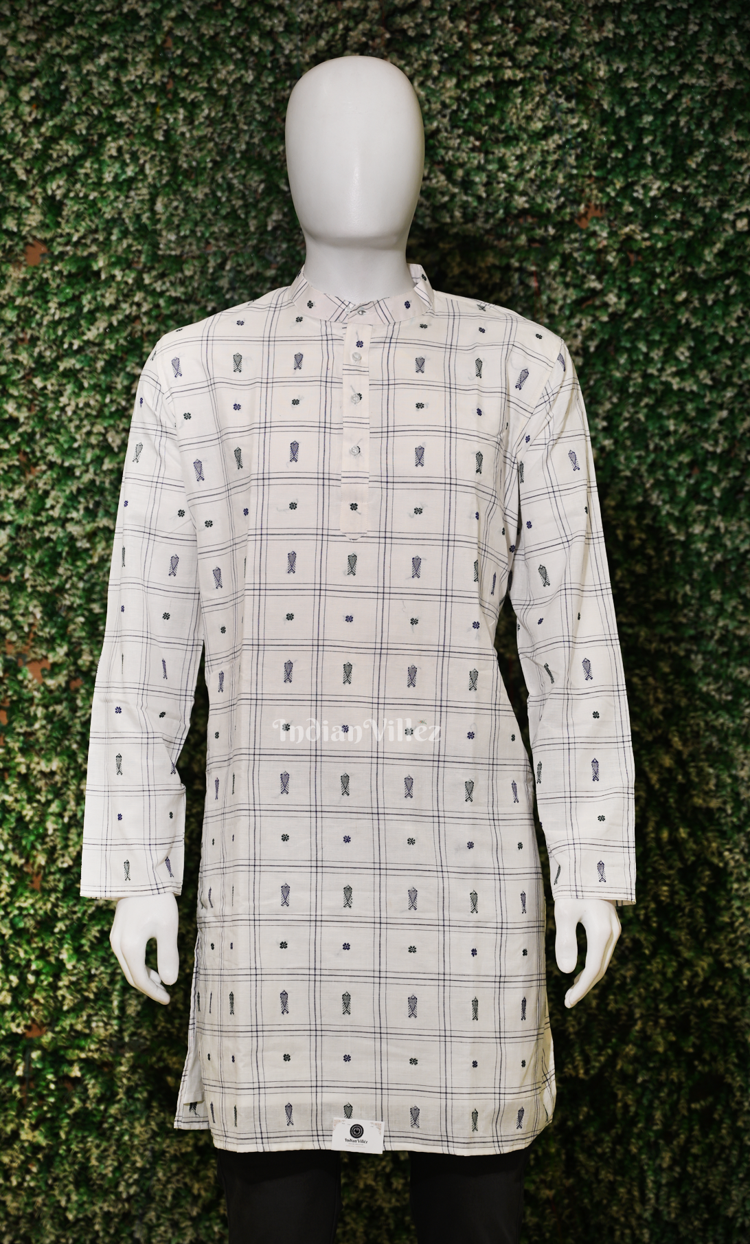 White Black Fish Motif Odisha Ikat Sambalpuri Cotton Kurta For Men