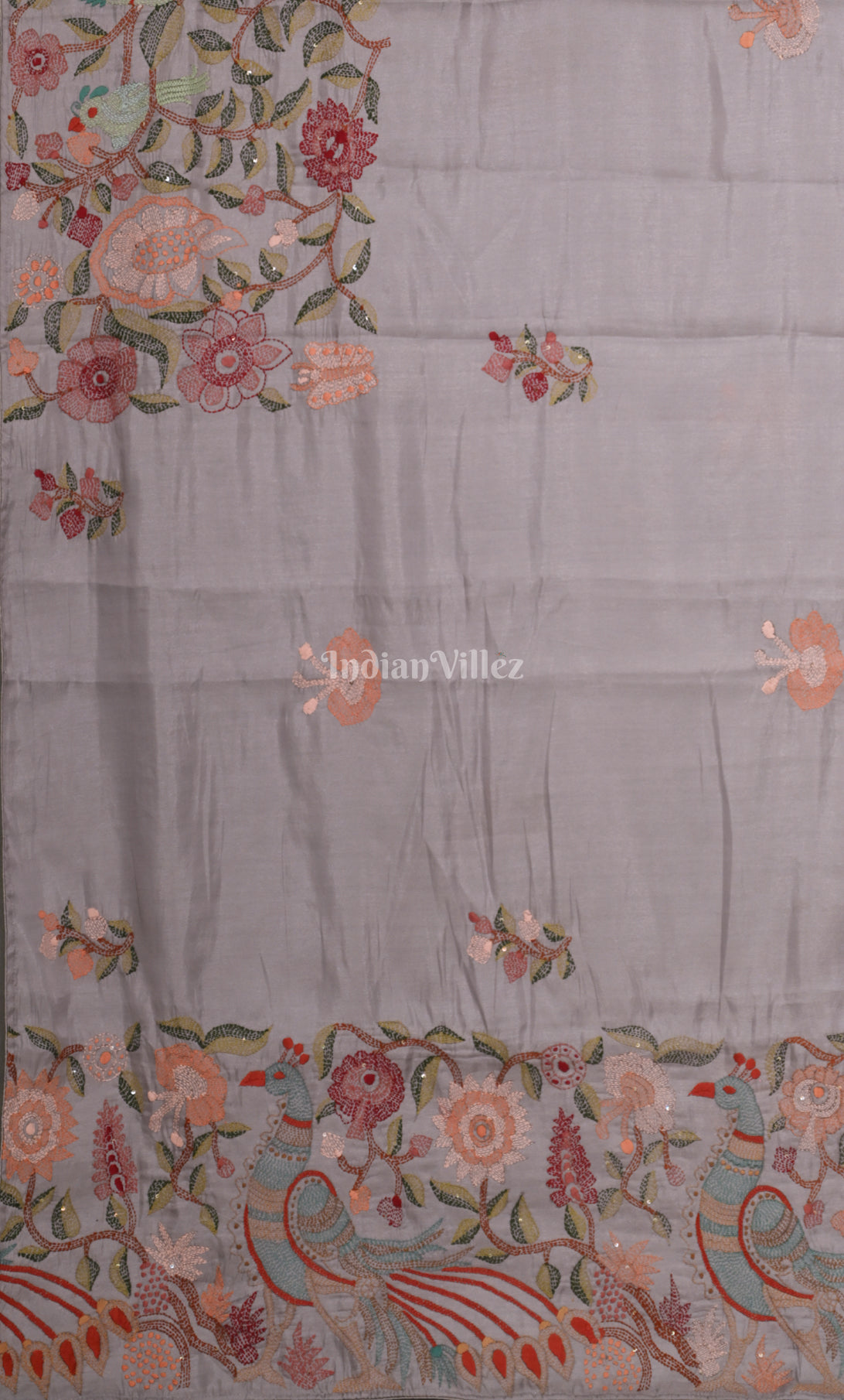 White Tusasr Silk Saree with Floral Hand Embroidery 