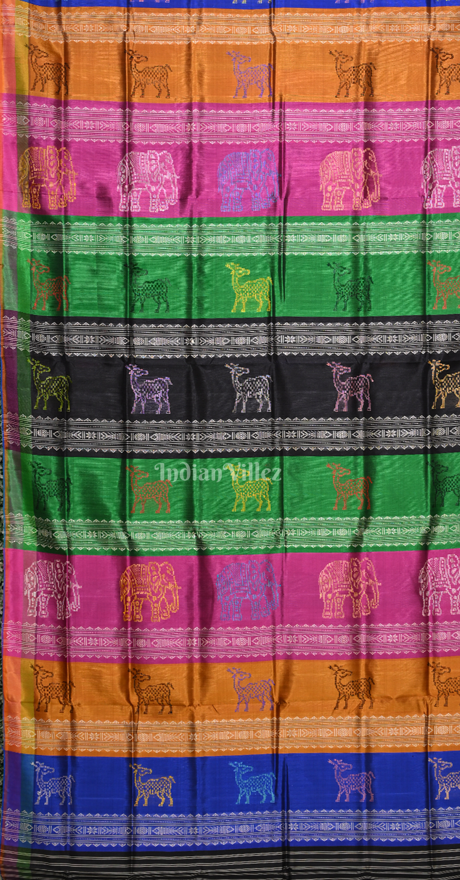 Black with Multi Colour Fish Motif Double Pallu Berhampuri Silk Saree
