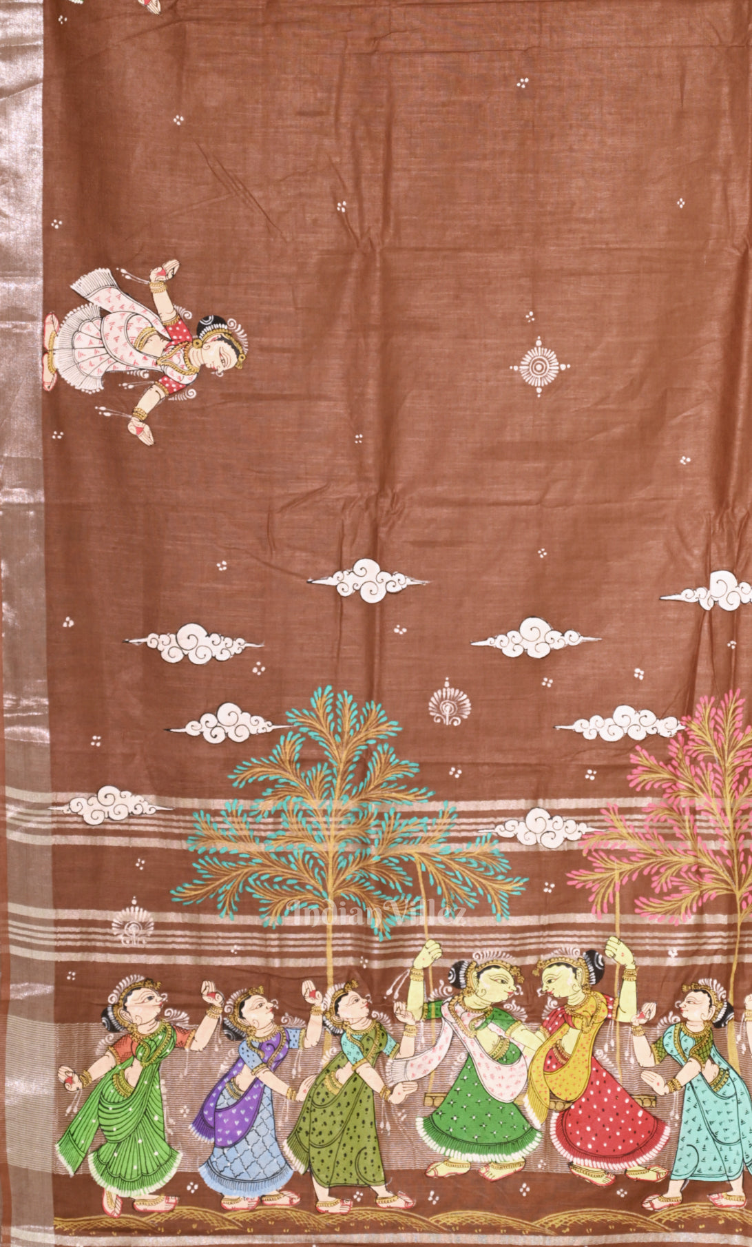 Light Maroon Raja Doli Theme Hand-Painted Pattachitra Saree
