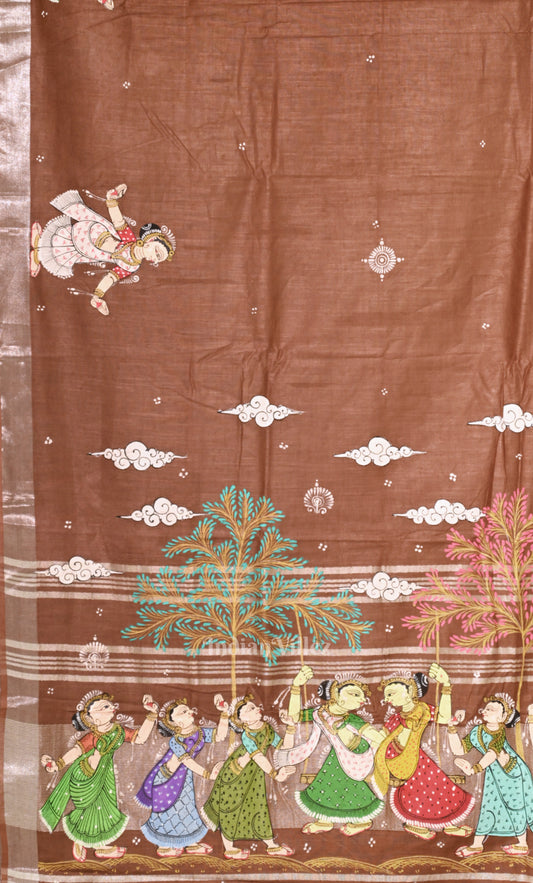 Light Maroon Raja Doli Theme Hand-Painted Pattachitra Saree