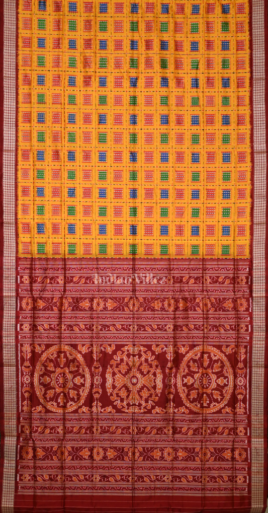 Mustard Yellow Maroon Ashwini Odisha Ikat Sambalpuri Silk Saree 