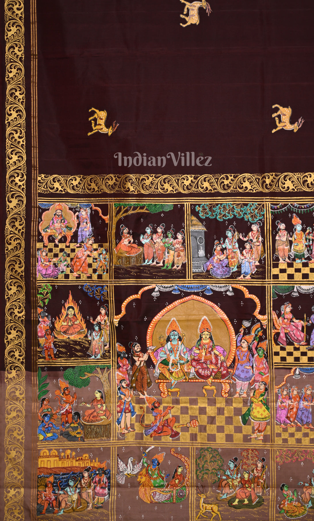 Coffee Cream Ramayan Theme Hand-Painted Pattachitra Saree 