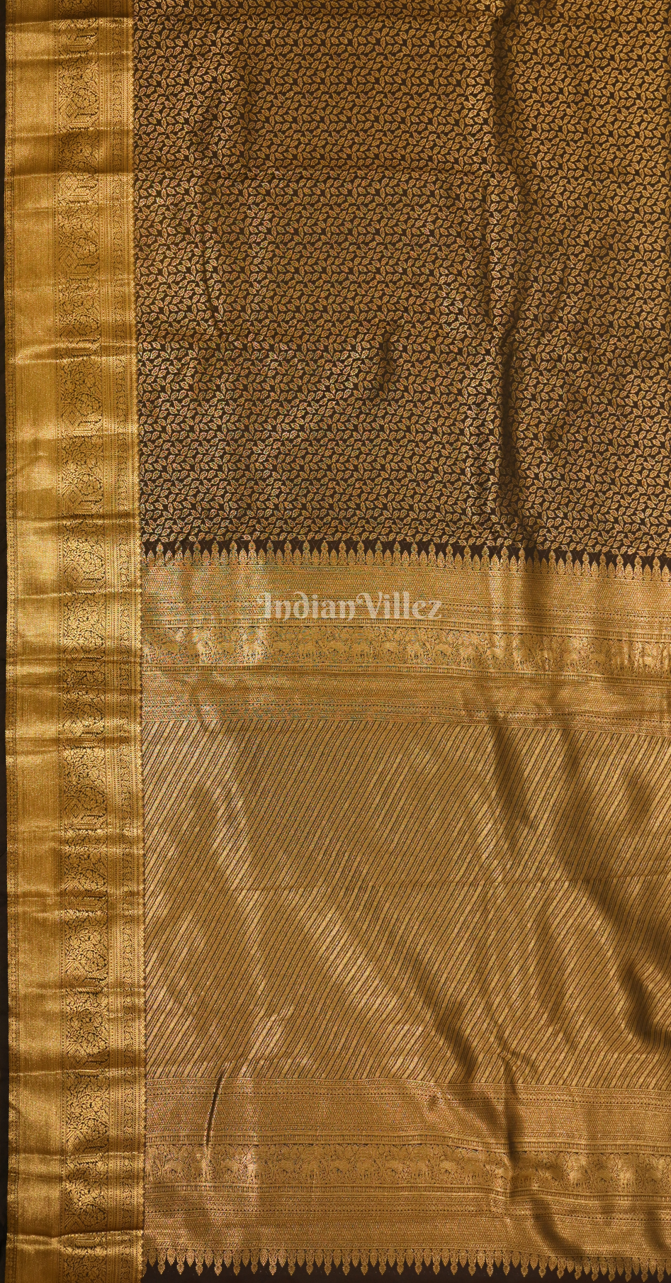 Black Golden Leaf Motif Pure Brocade Kanjivaram Silk Saree 