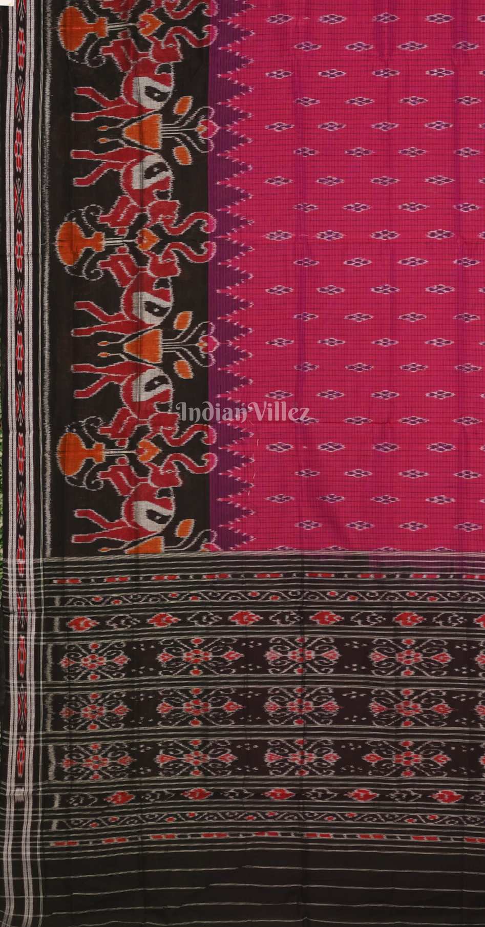 Rani Pink Black Elephant Scott Odisha Ikat Sambalpuri Cotton Saree