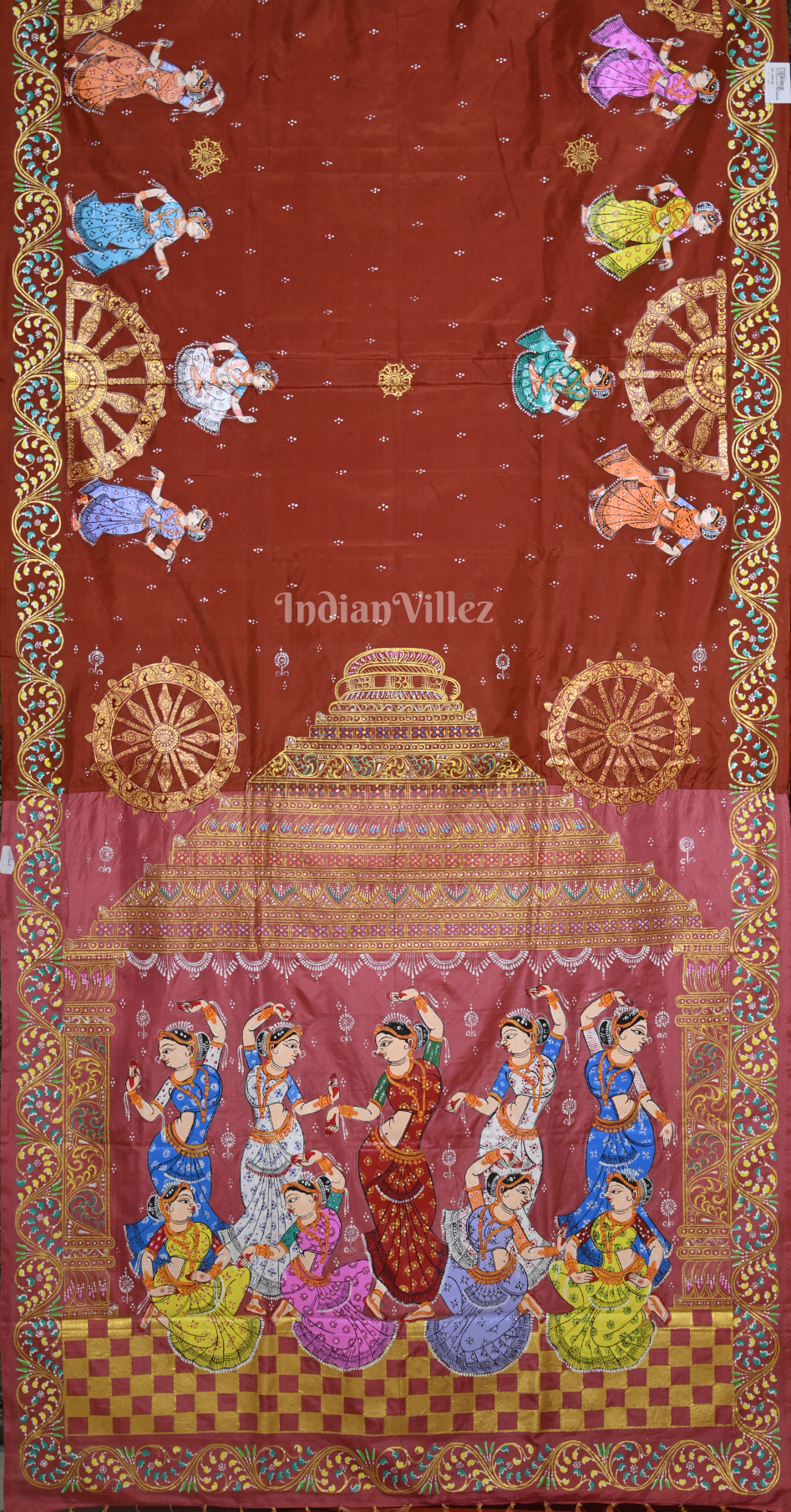 Maroon Peach Nartaki Konark Temple Hand-Painted Pattachitra Saree
