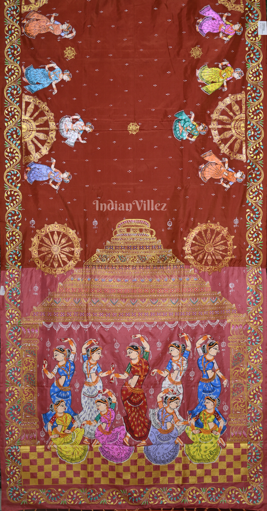 Maroon Peach Nartaki Konark Temple Hand-Painted Pattachitra Saree
