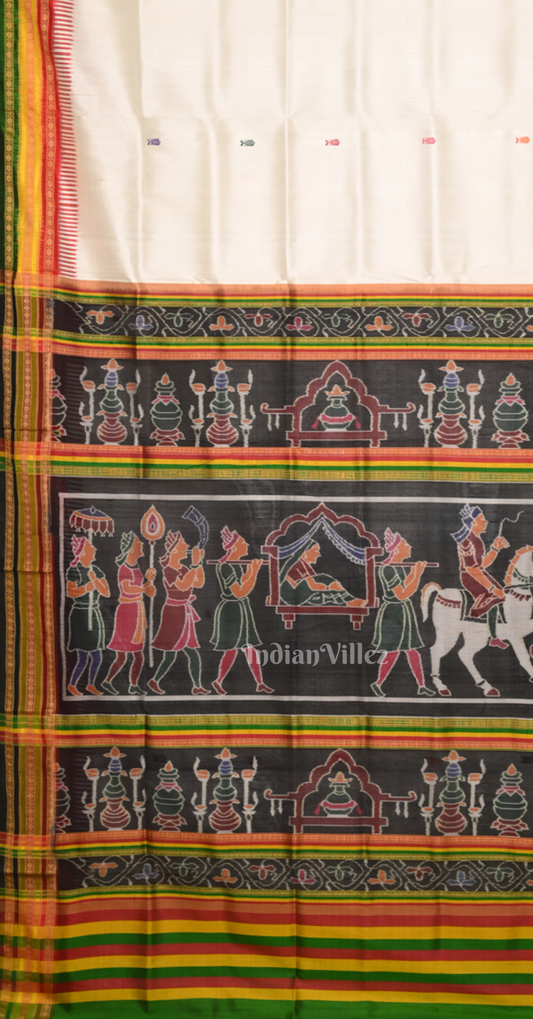 White Green Fish Motif Kathiphera Khandua Silk Saree with Doli Barat Anchal