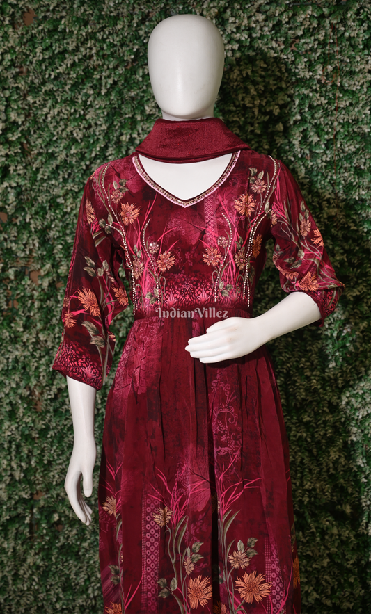 Wine Floral Print Kurta Plazzoo with Dupatta set 