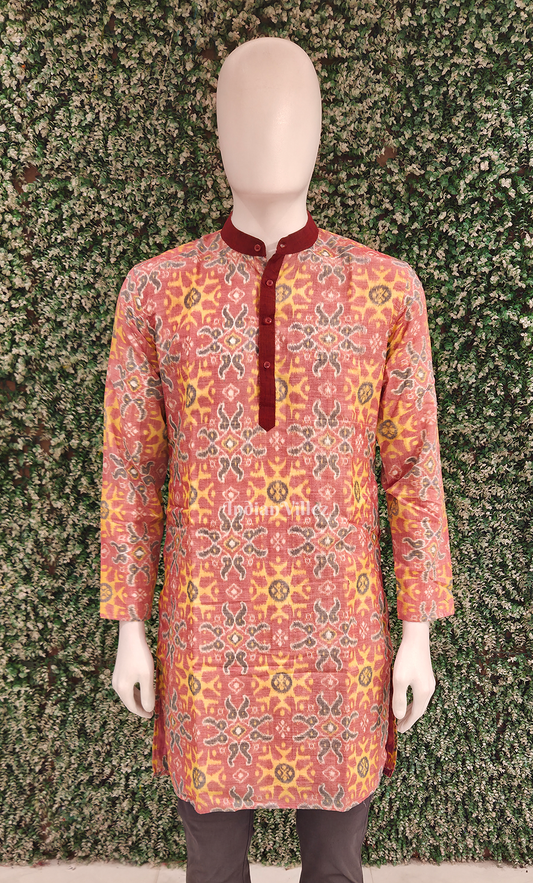 Orange Yellow Floral Motif Odisha Ikat Cotton Kurta for Men 