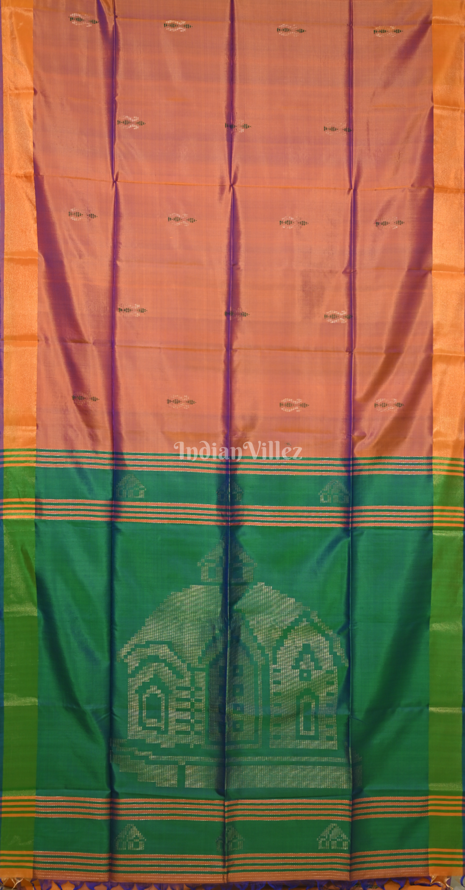 Rust Orange Green Pure Bishnupuri Silk Saree 