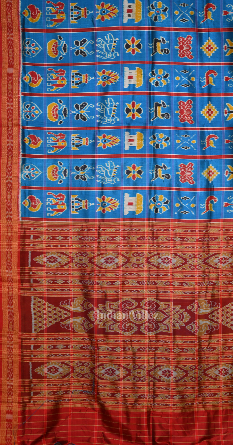 Cyan Blue Red Nabakothi Odisha Ikat Khandua Silk Saree