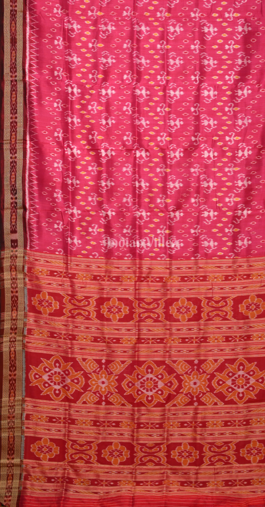 Rani Pink Red Tribal Theme Odisha Ikat Khandua Silk Saree 