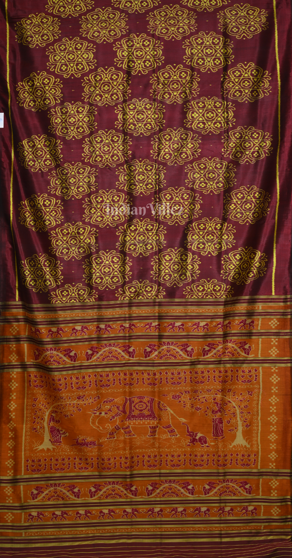 Maroon Yellow Odisha Ikat Contemporary Designer Silk Saree