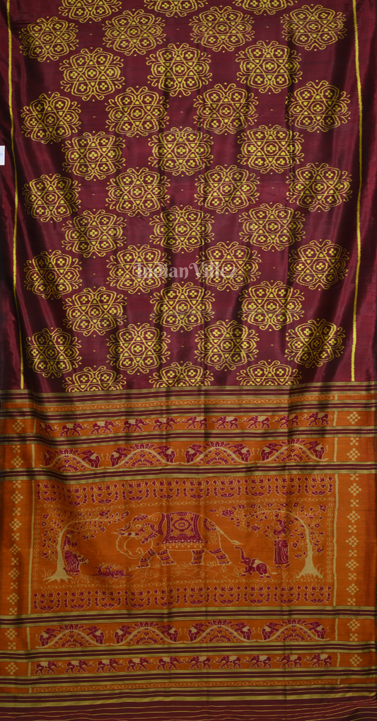 Maroon Yellow Odisha Ikat Contemporary Designer Silk Saree