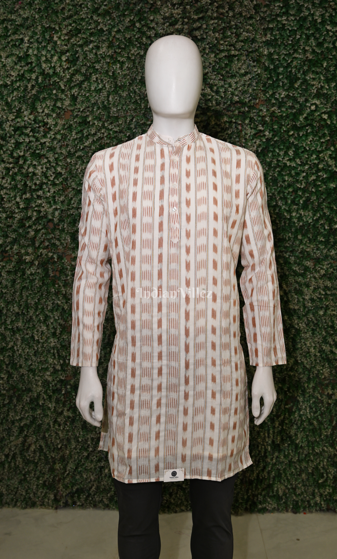 Off White Brick Red Odisha Ikat Sambalpuri Cotton Kurta For Men 