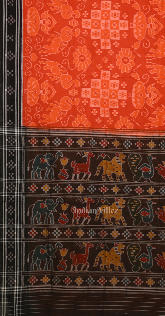 Orange Black Paspali Border Odisha Ikat Sambalpuri Cotton Saree
