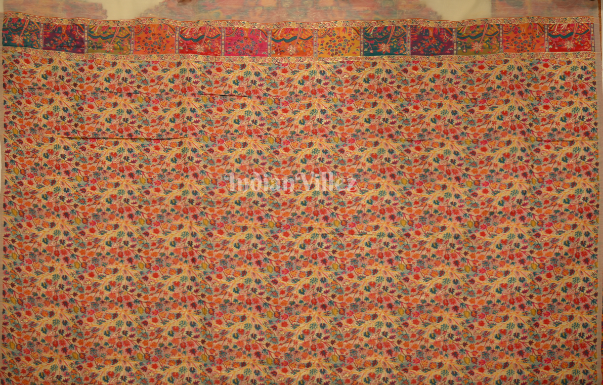  Cream Tree of Life Pure Kashmiri Cotton Pashmina Saree