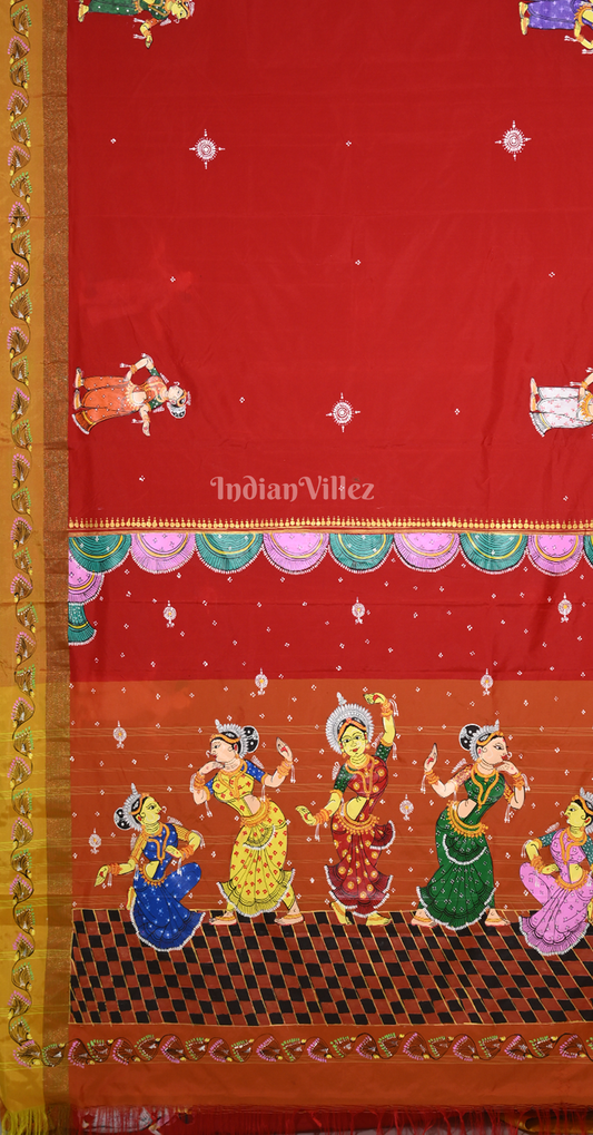 Red Nartaki Theme Hand-Painted Pattachitra Saree 
