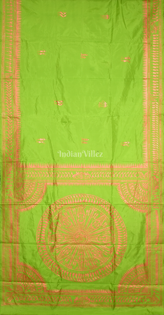 Parrot Green Tribal Konark Chakra Hand-Painted Pattachitra Saree 
