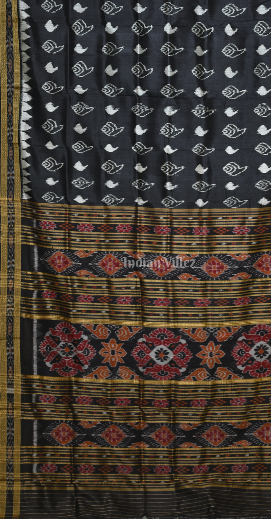 Black White Sankha Motif Odisha Ikat Khandua Silk Saree