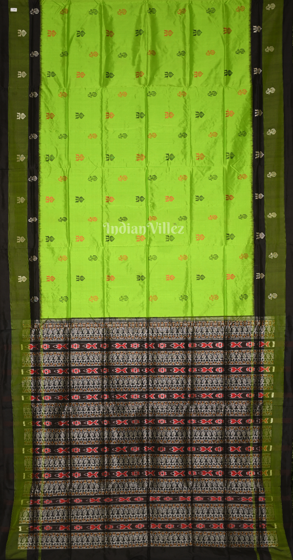 Neon Green Black Tribal Dipa Theme Odisha Ikat Bomkai Sambalpuri Silk Saree 