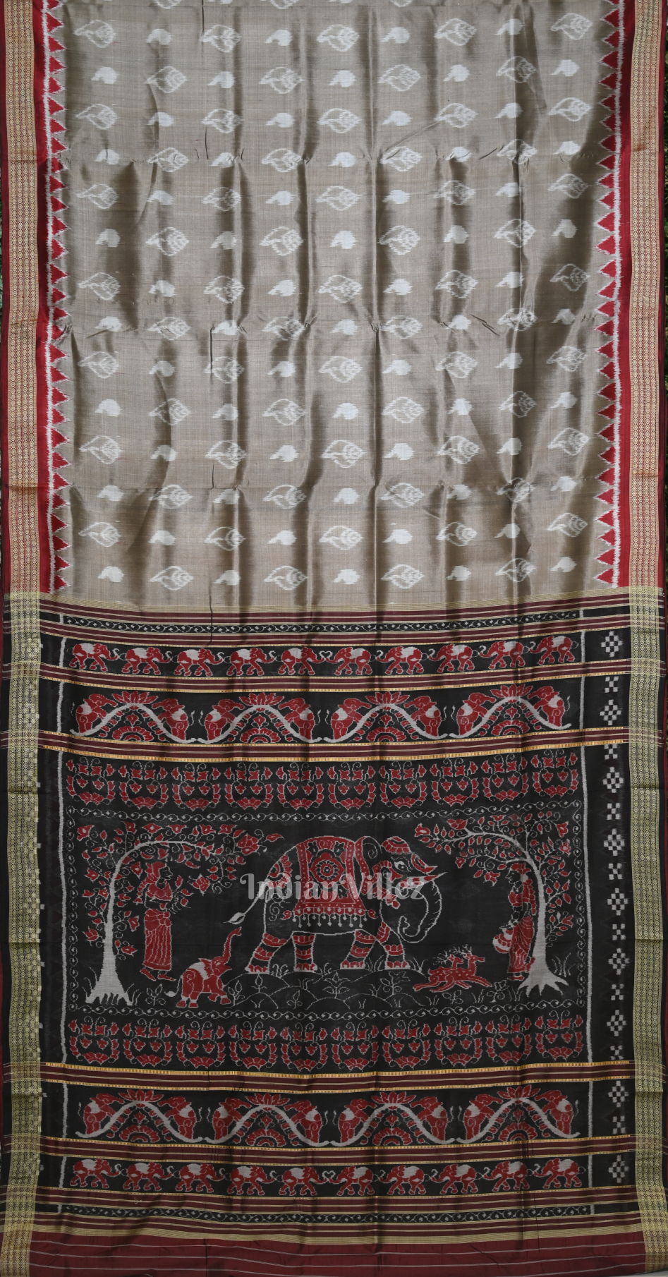 Ash Grey Maroon Odisha Ikat Sambalpuri Silk Saree with Elephant Anchal
