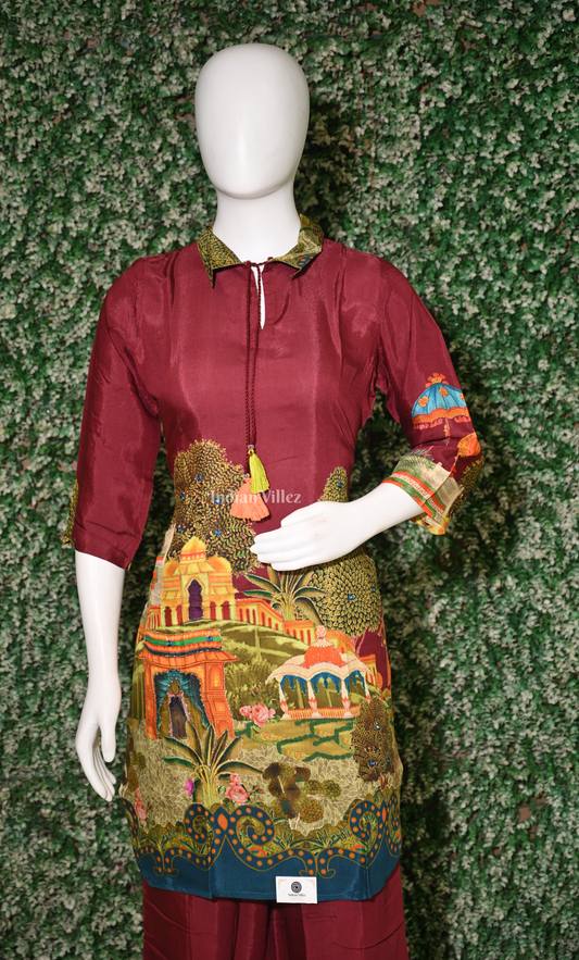 Designer Maroon Printed Kurta & Pant Set-(Co-Ords Set)