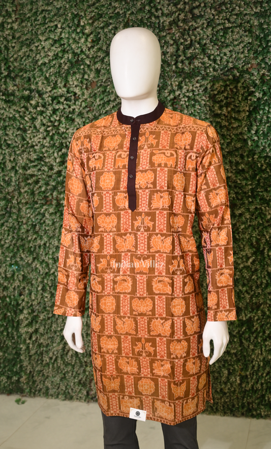 Brown Orange Odisha Ikat Sambalpuri Cotton Kurta For Men