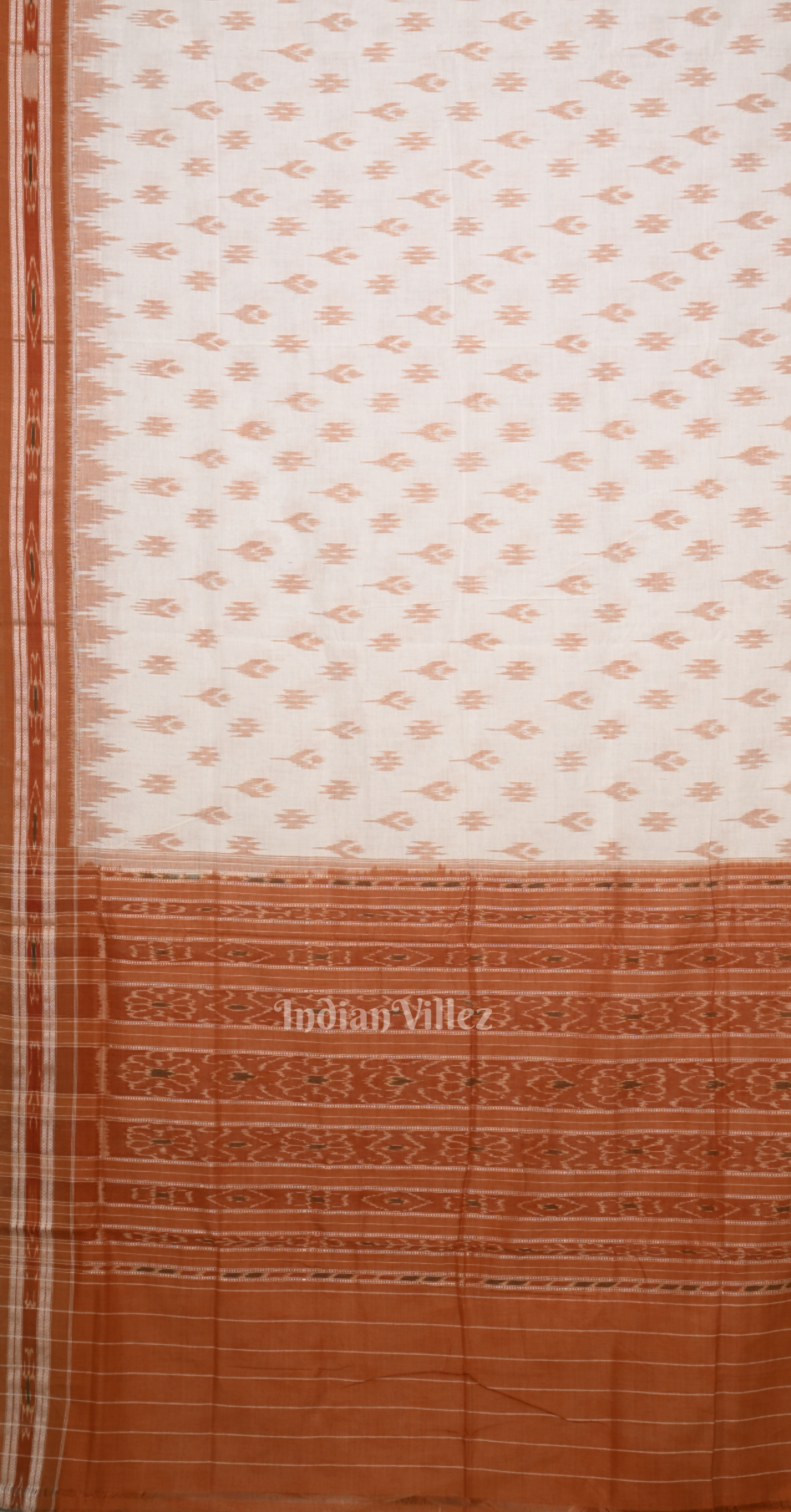 Off White Rust Orange Mayur Chandika Odisha Ikat Maniabandha Cotton Saree